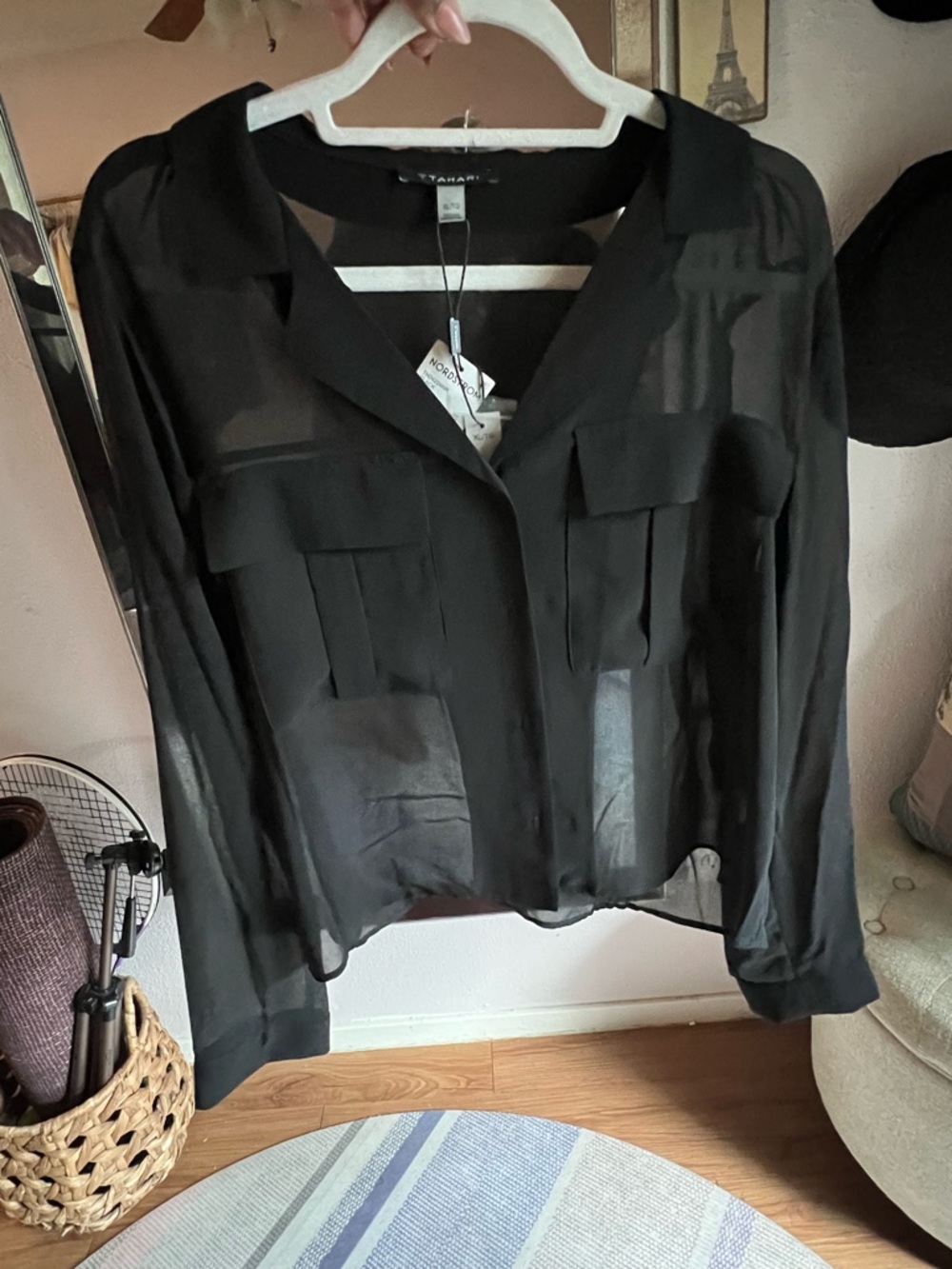 Tahari Black Sheer Collared Button Blouse - XL (NWT)